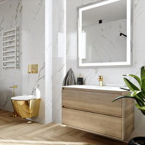 Set WC suspendat Spectrum, Trendi Slim Gold White, rimless, cu capac, 36.5 x 49 cm, auriu-alb